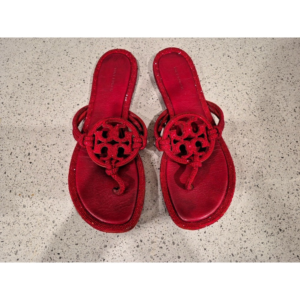 Tory Burch Women's Red Patent Leather Logo Rhinestone Thong Slip-On Sandals 10.5 - Picture 7 of 7